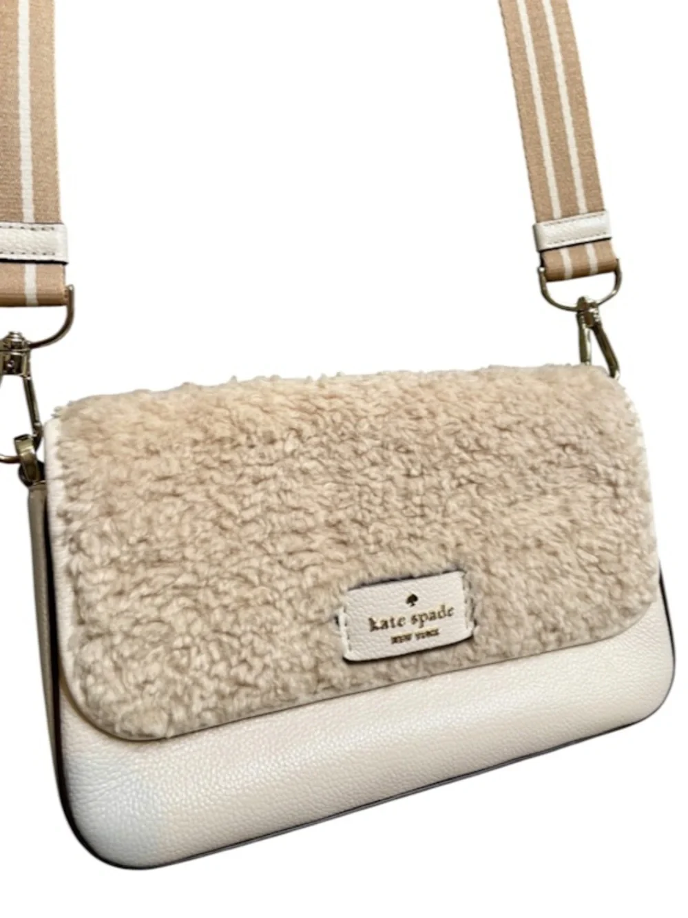 kate spade Cream Shearling & Leather Crossbody with Stripe Strap